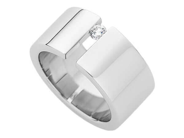 A Wide Tension Set Round Diamond Ring C117 with a tension-set round diamond in the center.