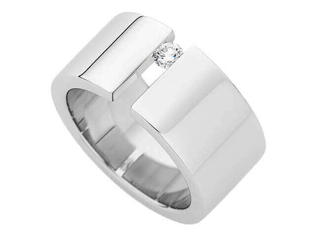 A Wide Tension Set Round Diamond Ring C117 with a tension-set round diamond in the center.