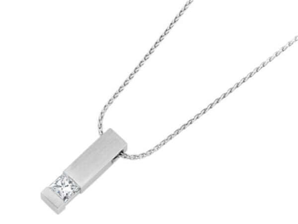 A white gold necklace with a Bar Set Princess Cut Diamond Pendant C815.