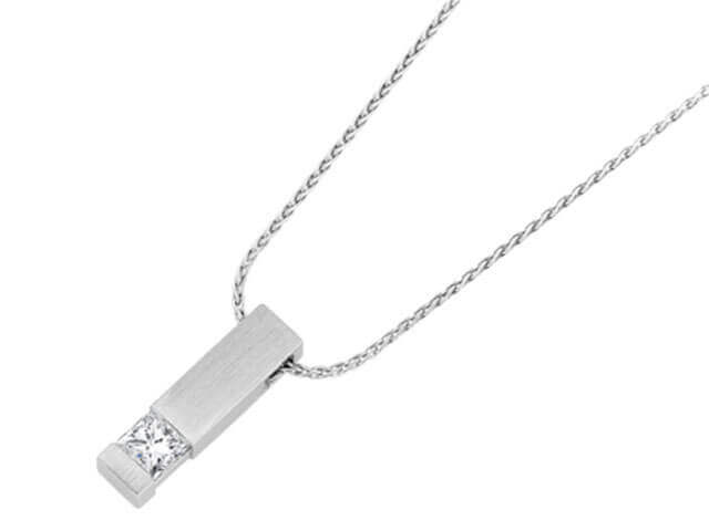A white gold necklace with a Bar Set Princess Cut Diamond Pendant C815.
