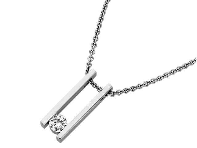 A White Gold Bar Set Diamond pendant C859 with a diamond in the middle, bar set.