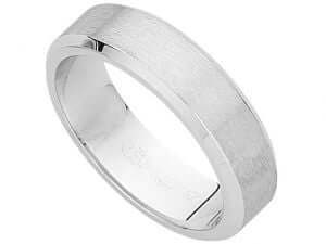 A men's wedding ring, the Flat Band With Beveled Edges C861, with a brushed finish and beveled edges.