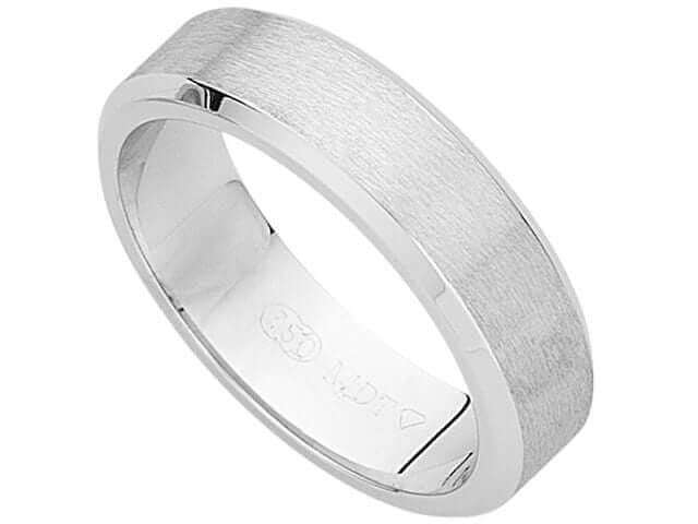 A men's wedding ring, the Flat Band With Beveled Edges C861, with a brushed finish and beveled edges.