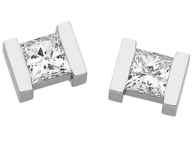 18ct White Gold Bar Set Diamond Earrings with princess cut diamonds C614 tension set.