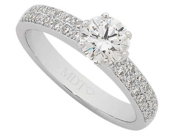 Round Diamond Ring With Pave Diamonds Band C999 in white gold featuring pave diamonds on the band.
