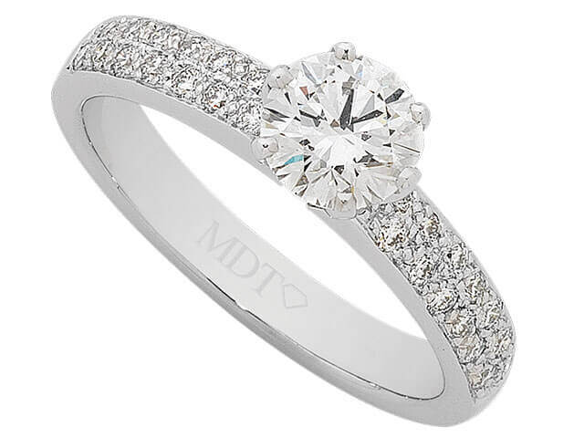Round Diamond Ring With Pave Diamonds Band C999 in white gold featuring pave diamonds on the band.