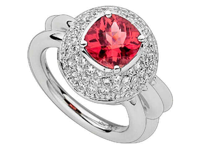 A Pink Tourmaline & Diamond Ring C947 with a red stone and diamonds, featuring a Pink Tourmaline.