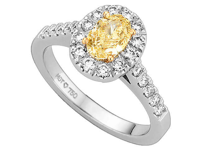 An Australian Fancy Intense Yellow Oval Shaped Halo Diamond Ring C1005.