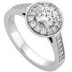 A stunning White Gold Halo Design Grain Set Round Diamond Ring C949 featuring a mesmerizing round diamond set in exquisite white gold.