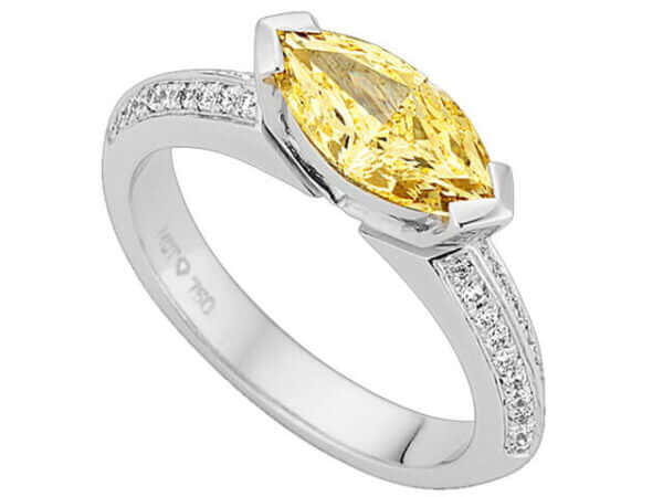 Marquise Shaped Fancy Yellow Diamond engagement ring with white diamond sholders C987