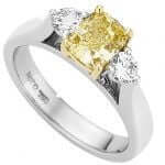 Australian Fancy Intense Yellow Cushion Cut Diamond trilogy 3 stone ring with round white diamond sides C989