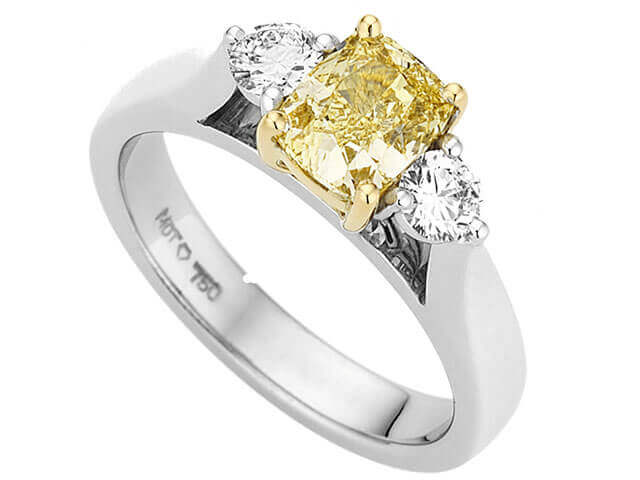 Australian Fancy Intense Yellow Cushion Cut Diamond trilogy 3 stone ring with round white diamond sides C989