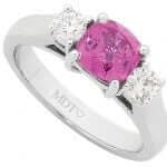 A Cushion Cut Pink Sapphire & Diamond Ring C1202 with a pink sapphire stone and diamonds.