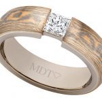 A Mokume Gane with Princess Cut Diamond C1257 men's wedding ring with a princess cut diamond and wood inlay.