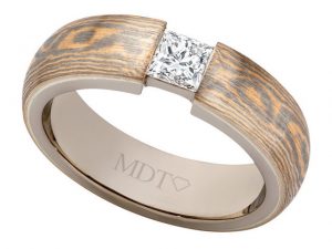 A Mokume Gane with Princess Cut Diamond C1257 men's wedding ring with a princess cut diamond and wood inlay.