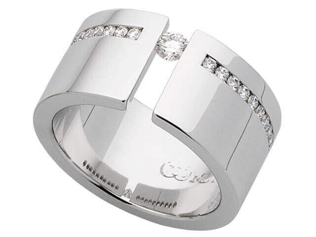 Wide Tension Set Round Diamond Ring C617 - A stunning wide tension set white gold ring adorned with round diamonds.