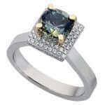 A cushion cut Green Sapphire & Diamonds Ring C4025 with a blue sapphire and diamonds.