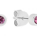 A pair of bezel set sapphire stud earrings (c941-pink saph) on a white background.