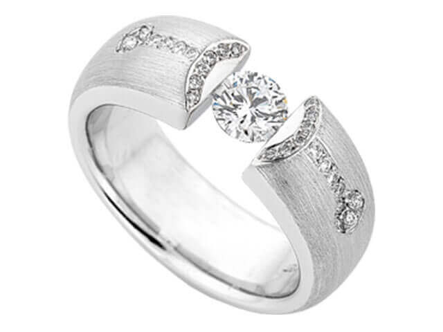 A white gold ring with a diamond in the center and Bubbles -2013 Award Finalist C4053.