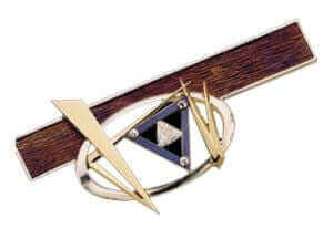 Meteor -1997 jewellery design award finalist – C4033, is a geometric abstract brooch featuring a wood-textured rectangular titanium bar, gold triangular elements, central trilliant cut diamond- that glistens like a meteor.