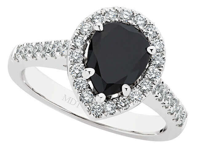 An pear shape black diamond halo engagement ring in 18ct white gold, Black diamond halo engagement ring C1017.
