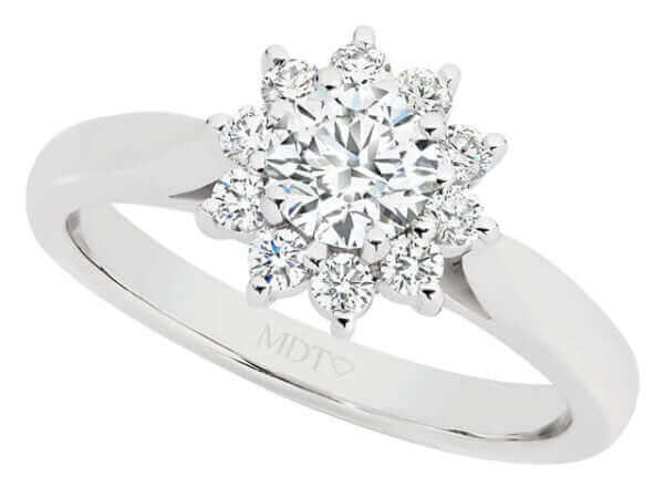 A Round diamond halo engagement ring C1243 with 10 x .04ct round diamonds in the cluster of diamonds.