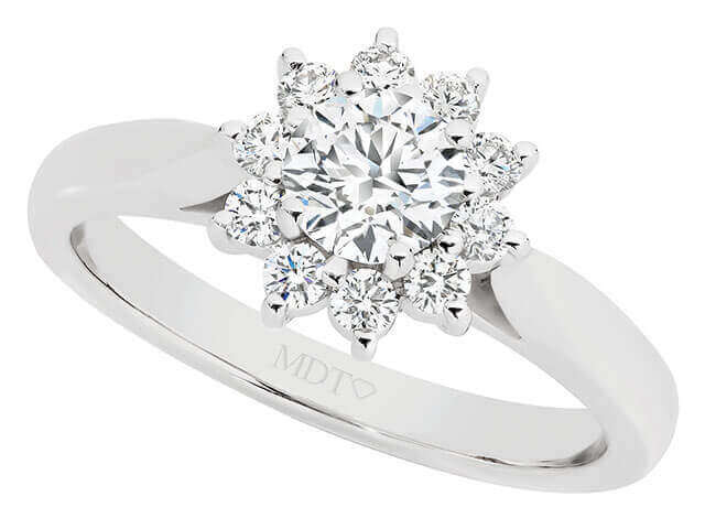 A Round diamond halo engagement ring C1243 with 10 x .04ct round diamonds in the cluster of diamonds.