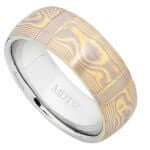 A Half Round Mokume Gane ring with White Gold Stripes C712 men's wedding band with a yellow and white gold.