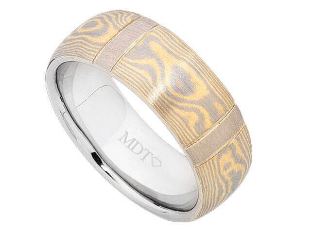 A Half Round Mokume Gane ring with White Gold Stripes C712 men's wedding band with a yellow and white gold.