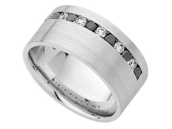 A White Gold Channel Set Diamond Wide Band C738 featuring black and white diamonds in White Gold.