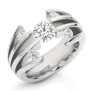 A Pente- 2017 Jewellery Award Winner white gold ring with a diamond in the center.
