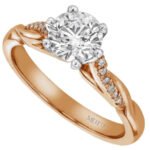 This elegant rose gold engagement ring features a round diamond nestled in the center, held securely by six claws.