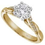 An exquisite yellow gold engagement ring featuring a dazzling round diamond at its center.