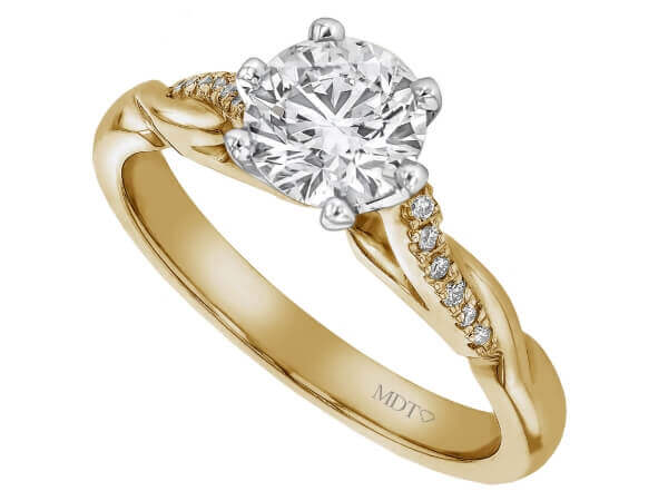 An exquisite yellow gold engagement ring featuring a dazzling round diamond at its center.