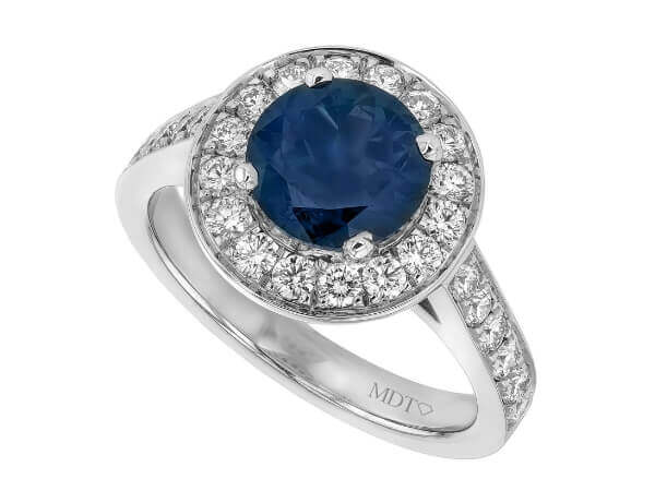 An Australian Blue Sapphire and Diamond Halo Engagement Ring C1206 in 18ct white gold