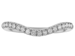 A 18ct white gold fitted wedding ring featuring a curved design and showcasing a diamond in a claw set.