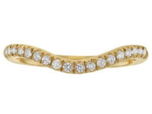 A stunning 18k yellow gold fitted diamond wedding ring featuring a beautifully curved band and claw set diamonds.