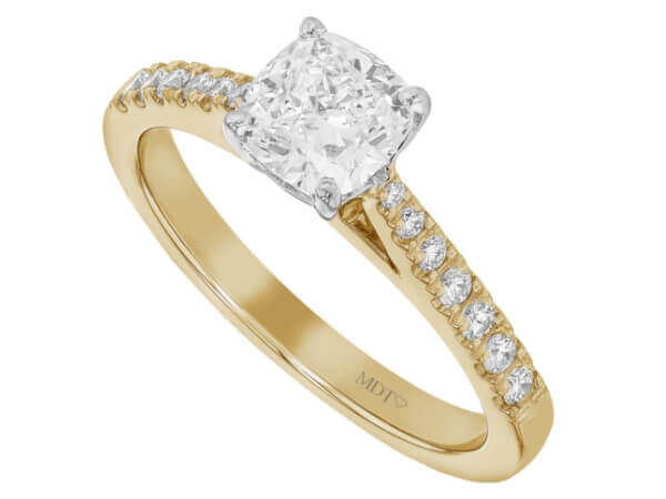 A Cushion Cut Diamond Engagement Ring with Diamond Band C1063 in 18ct yellow gold.