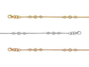 Three different styles of Gold Bezel Set Diamond Bracelet C1140, showcasing bezel set diamonds in sizings .025ct and .05ct