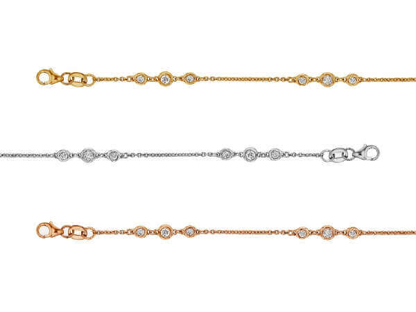 Three different styles of Gold Bezel Set Diamond Bracelet C1140, showcasing bezel set diamonds in sizings .025ct and .05ct