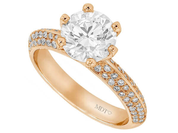 18ct rose gold 2ct round diamond engagement ring with a pave diamond set knife edge band.