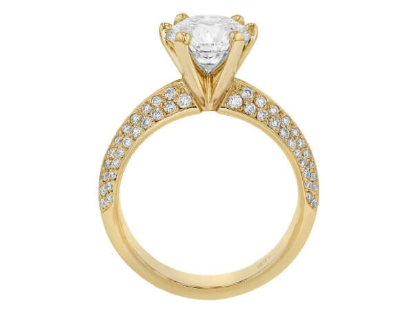 18ct yellow gold 2ct diamond engagement ring with a round cut diamond and pave diamond band