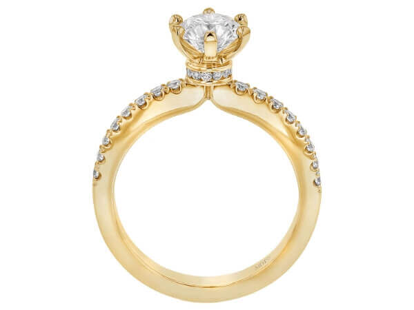 A Diamond Engagement Ring with Diamond Hidden Halo C1055 with a round cut diamond in the center, featuring a hidden halo in yellow gold.