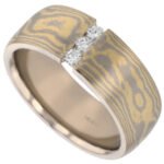 A Diamond Set Wide Mokume Gane Ring C722 with yellow gold and diamond set.