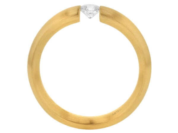 A yellow gold ring with a Diamond Tension Set with Rounded Band and Emery Finish C015 in the center, featuring a rounded band and a diamond tension set.