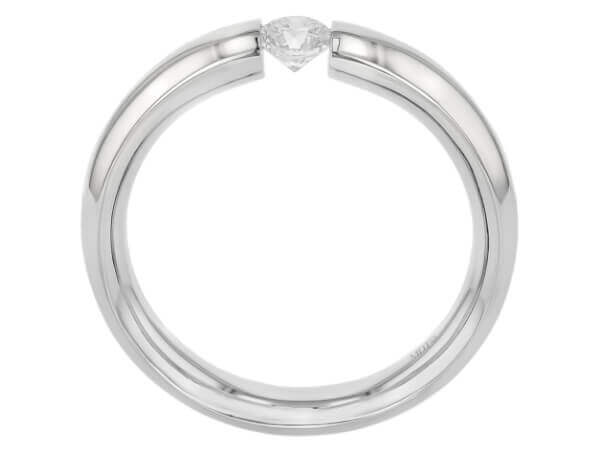 A polished Tension Set white gold ring with a Diamond in the center -side view