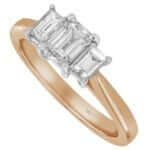 Three Diamond Trilogy Engagement Ring with an Emerald cut Diamond and Baguette Sides C321 in 18k rose gold featuring baguette sides.