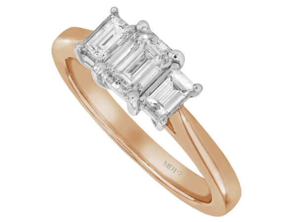Three Diamond Trilogy Engagement Ring with an Emerald cut Diamond and Baguette Sides C321 in 18k rose gold featuring baguette sides.