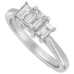 White gold Diamond Trilogy engagement ring with emerald cut diamonds.