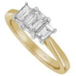 Emerald cut diamond trilogy ring in yellow gold, perfect for an engagement.